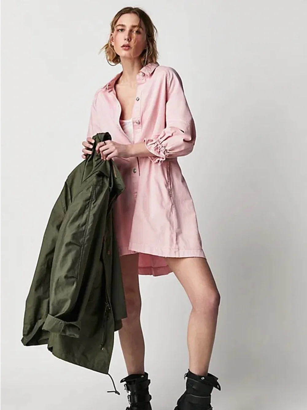 Free People We The Free Hannah Denim Mini Dress Pink Rare XL - Picture 2 of 9